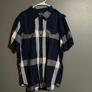 LRG short sleeve button up navy blue with stripes XL like new.